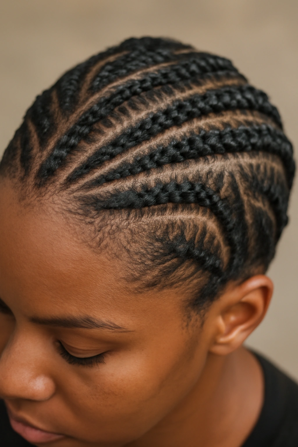 Close-up of cornrows on short hair showing geometric patterns
