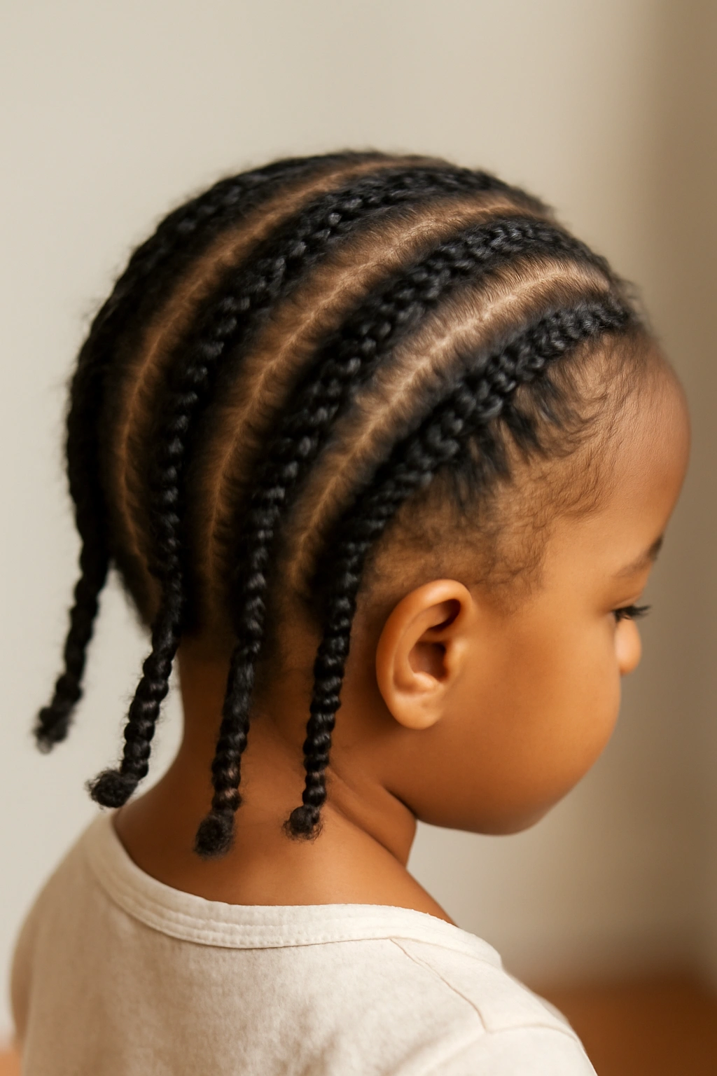 Top-down view of several cornrows with protective end elastics on a toddler