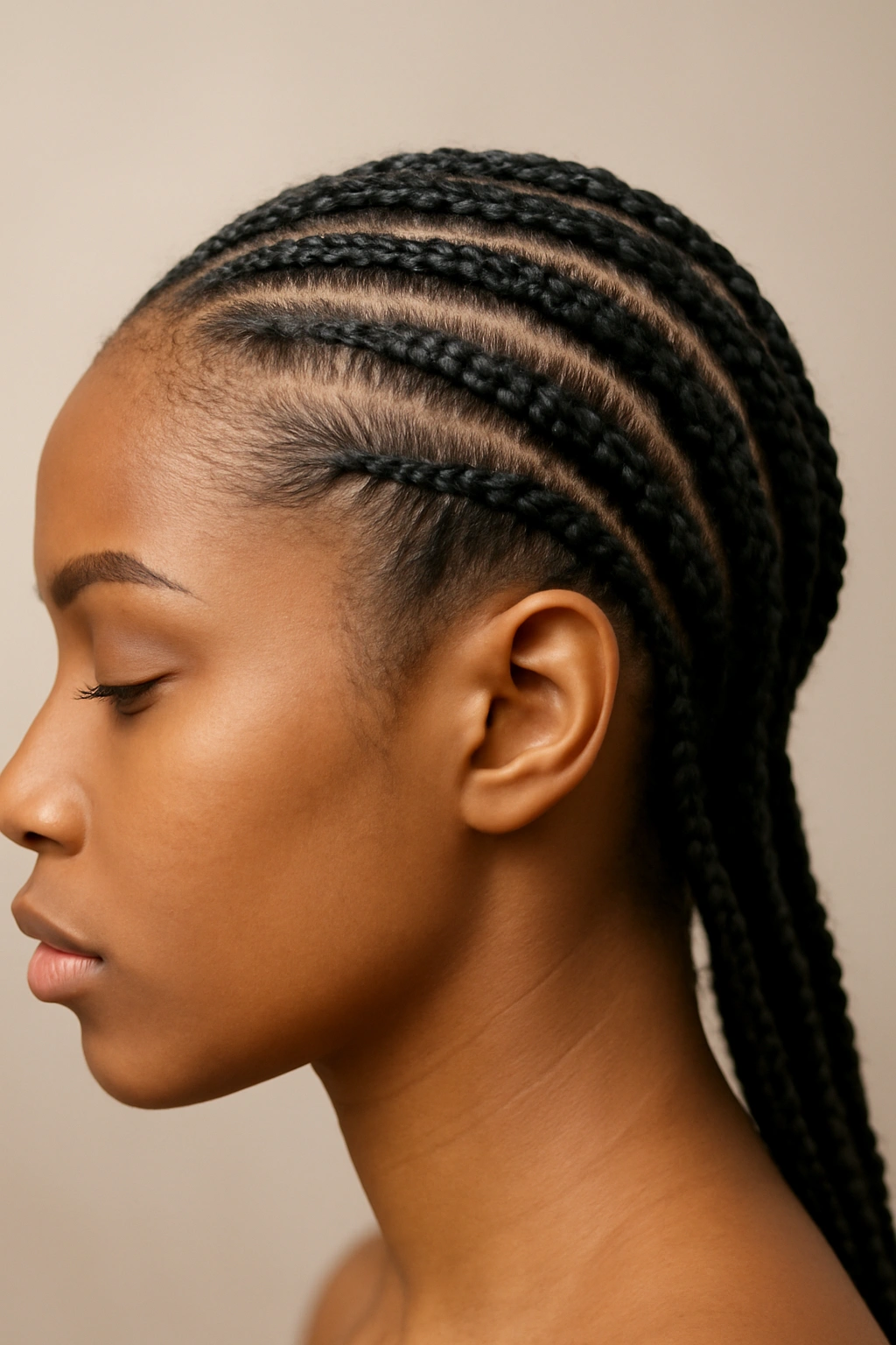 Close-up of cornrows along the scalp in neat rows