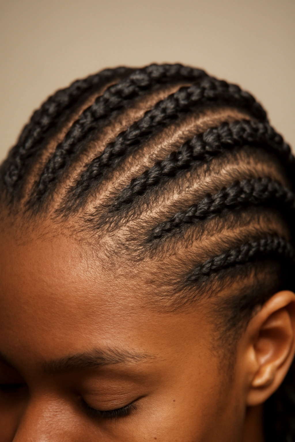 Close-up of scalp with cornrows following scalp contours