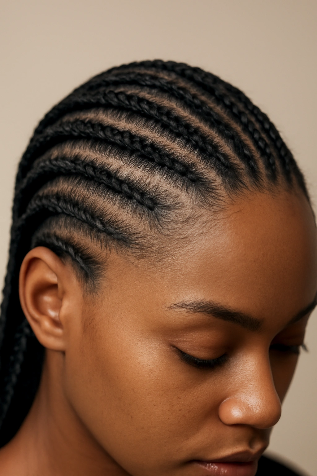 Close-up of neat cornrows running straight back with neat rows in studio lighting.