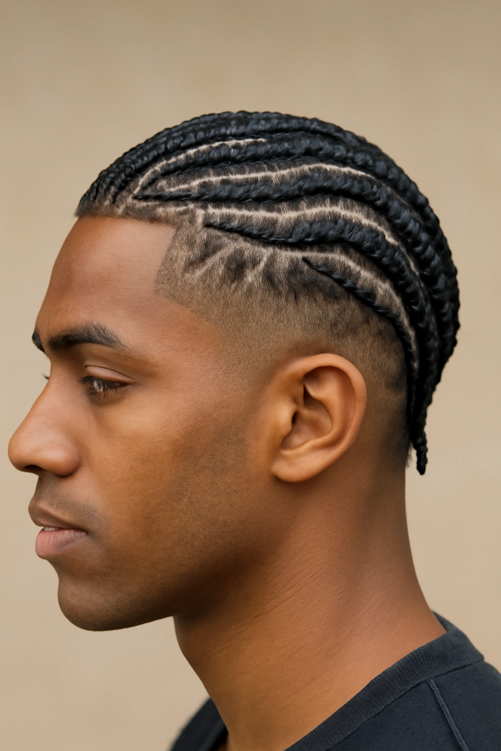 Top cornrows with shaved sides creating high-contrast silhouette