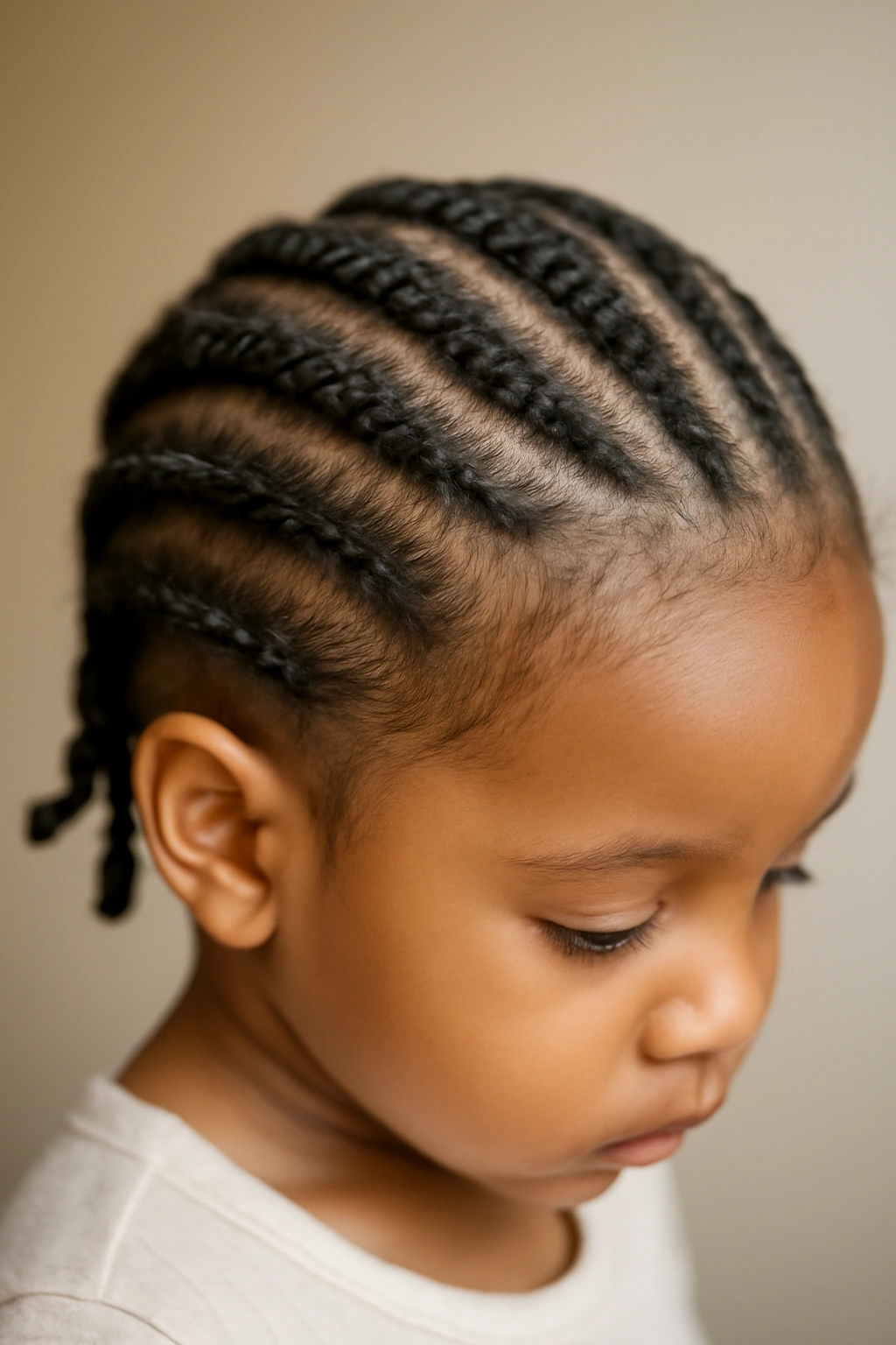 Close-up of a toddler with loose cornrows around the head