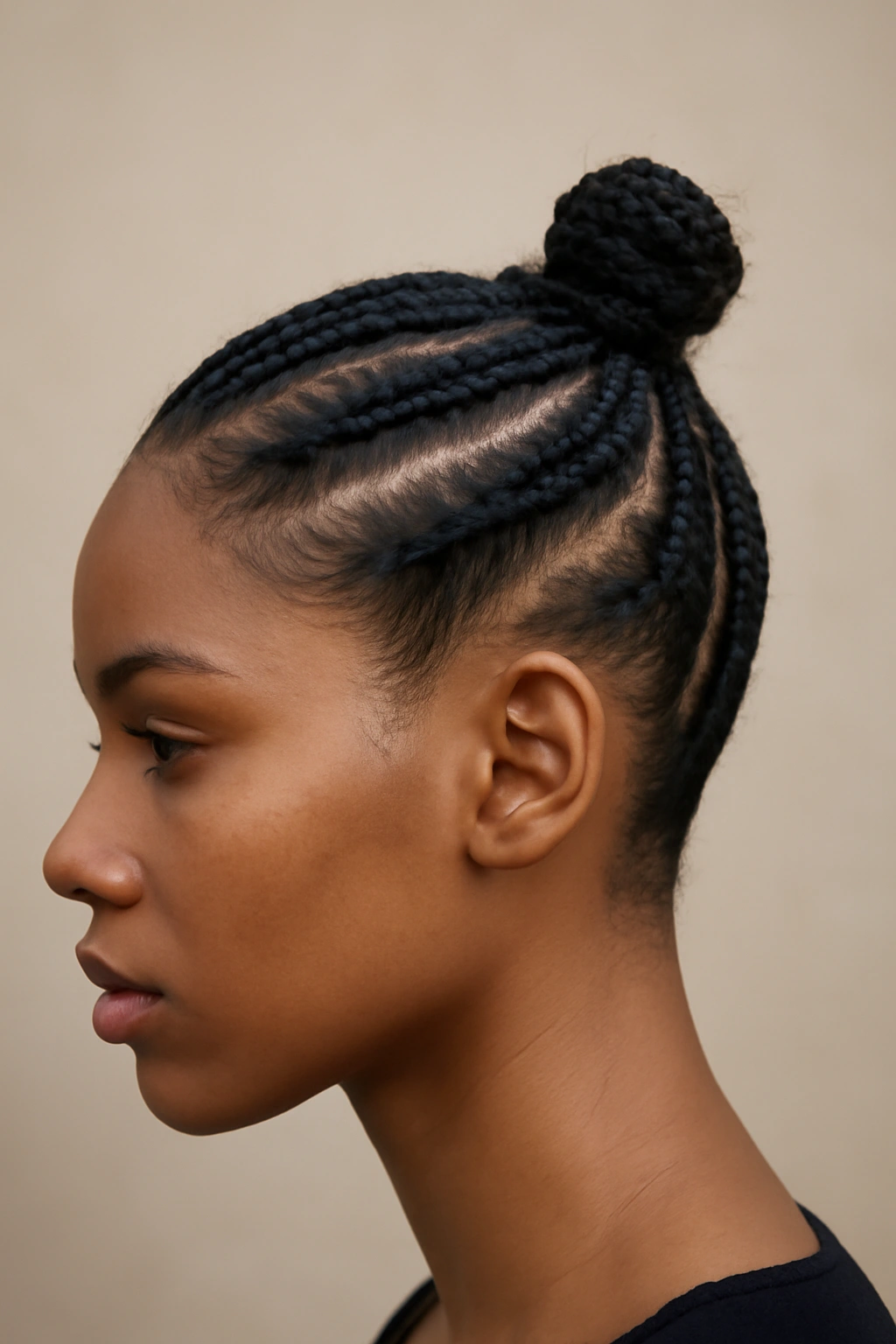 Close-up of Sleek Back Cornrows with a High Top Knot on short hair, showing crisp straight-back lines.