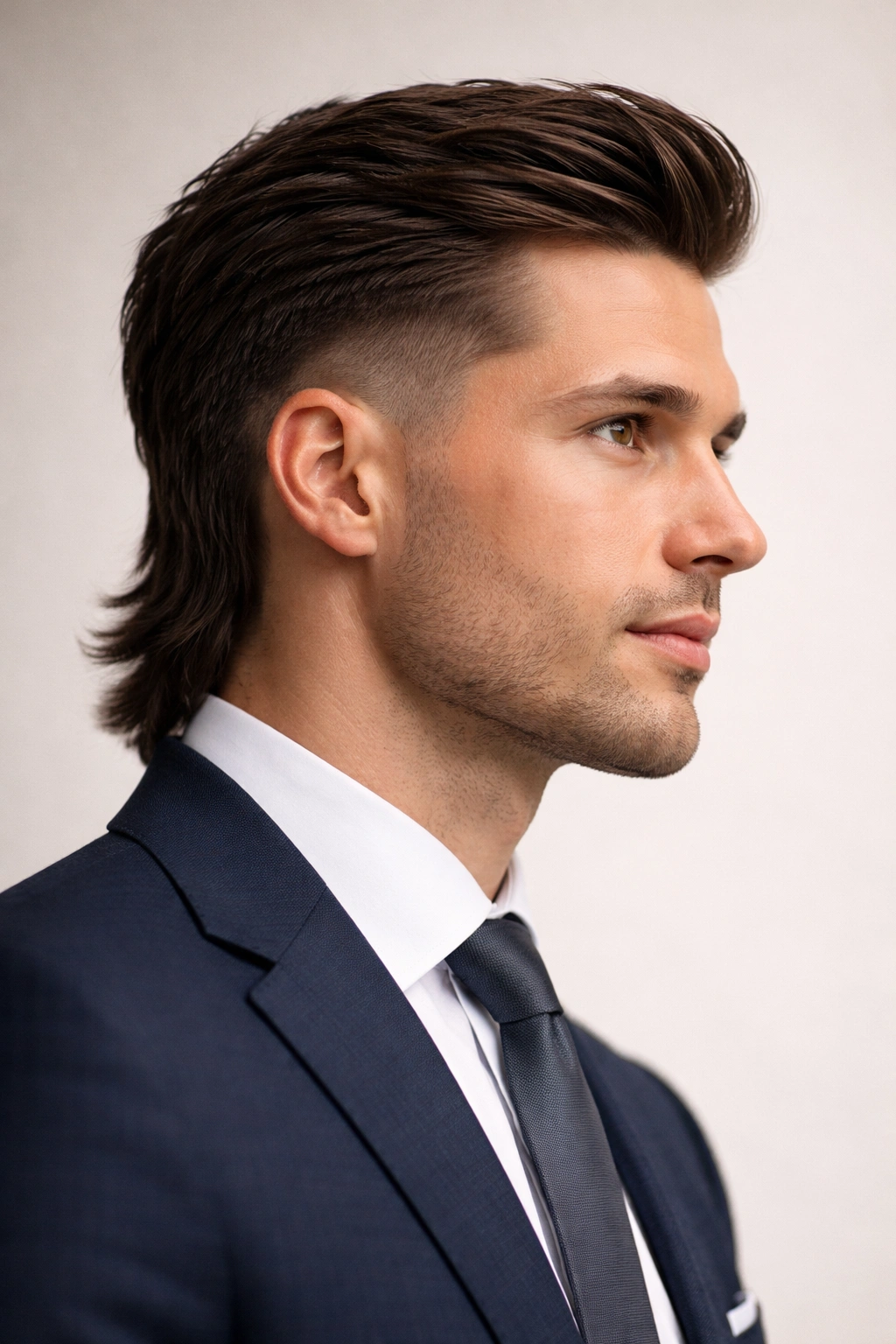 Close-up profile of a professional with a clean, low-fade mullet
