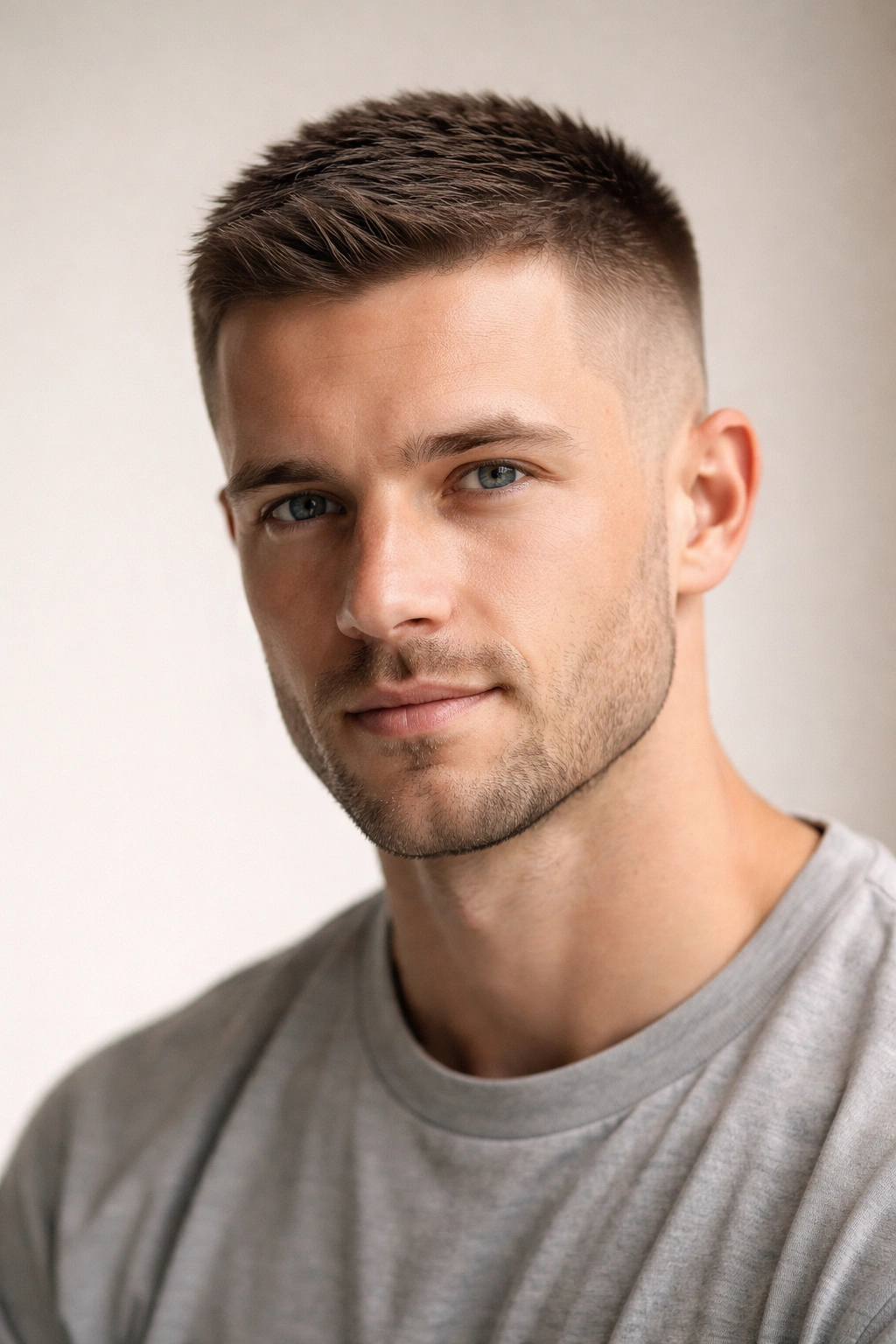 Crew cut hairstyle with very short sides and longer top in headshot