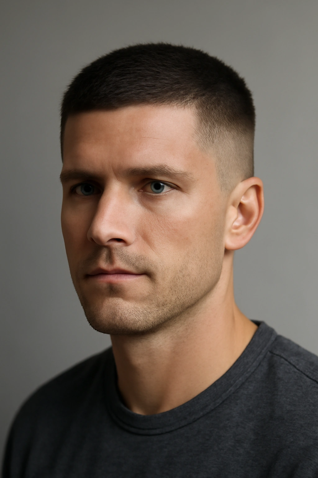 Close-up portrait of a man with a classic crew cut featuring short sides and a slightly longer top