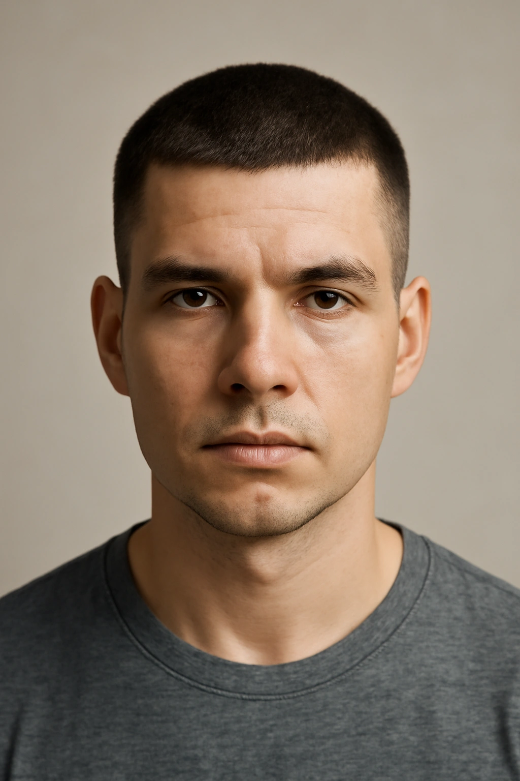 Close-up of male head with uniform crew cut in studio