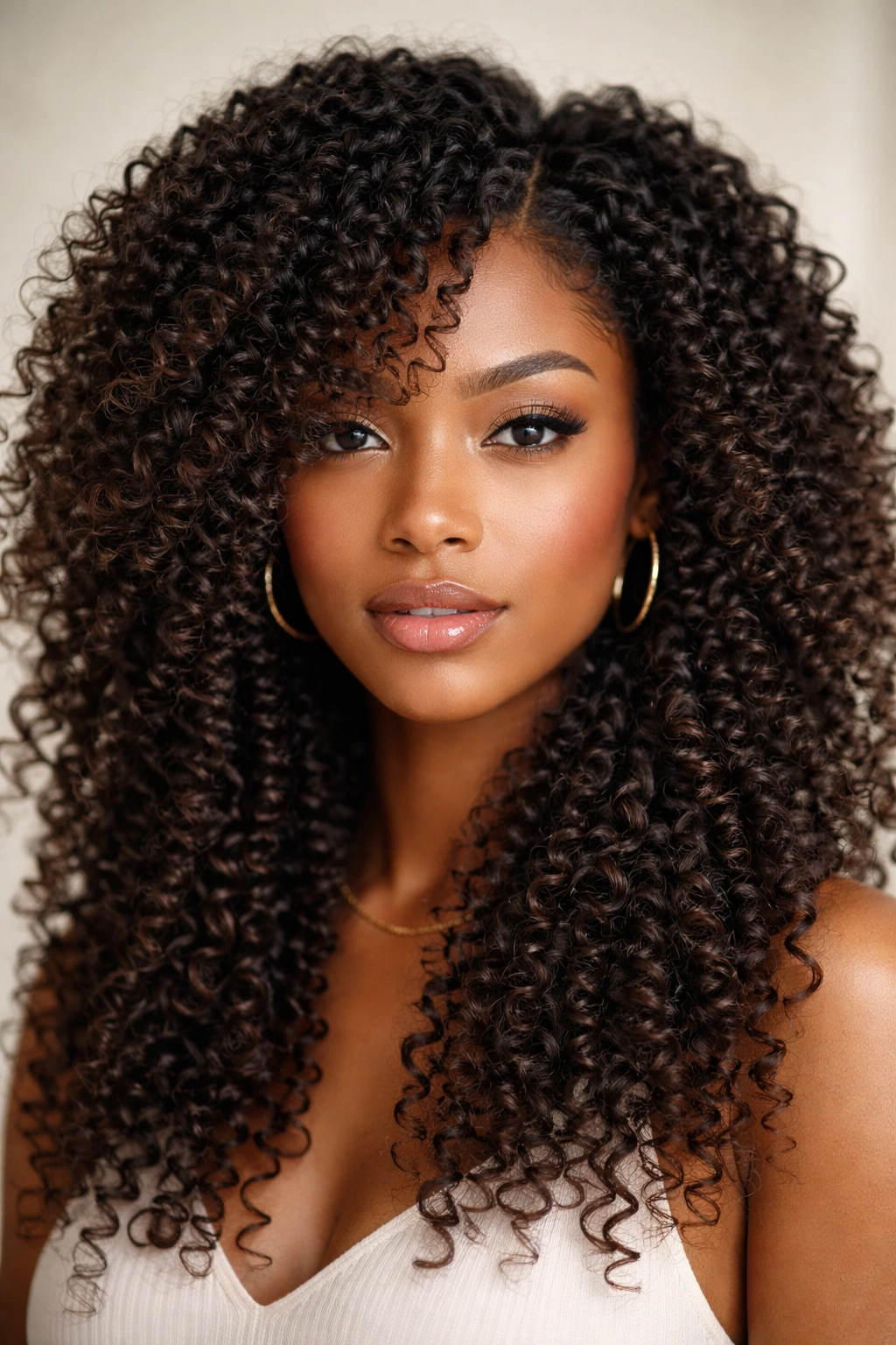 Close-up of 4A-4B curls with spiral crimp texture in a neutral studio