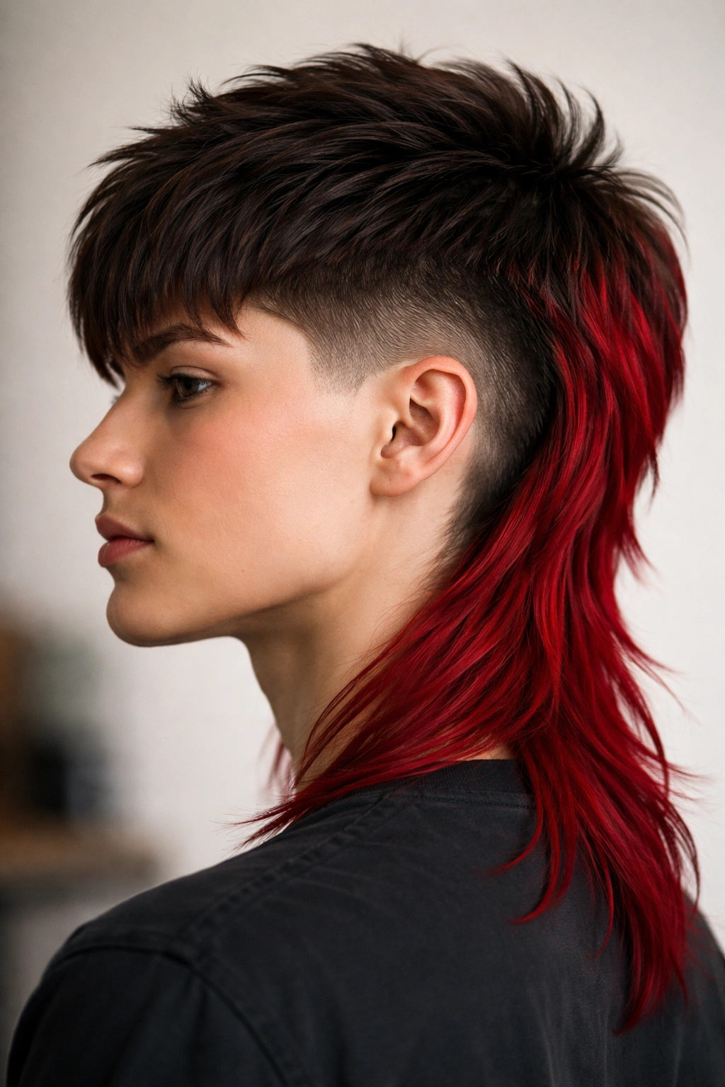 Crimson red undercut mullet with brunette fade in a three-quarter view