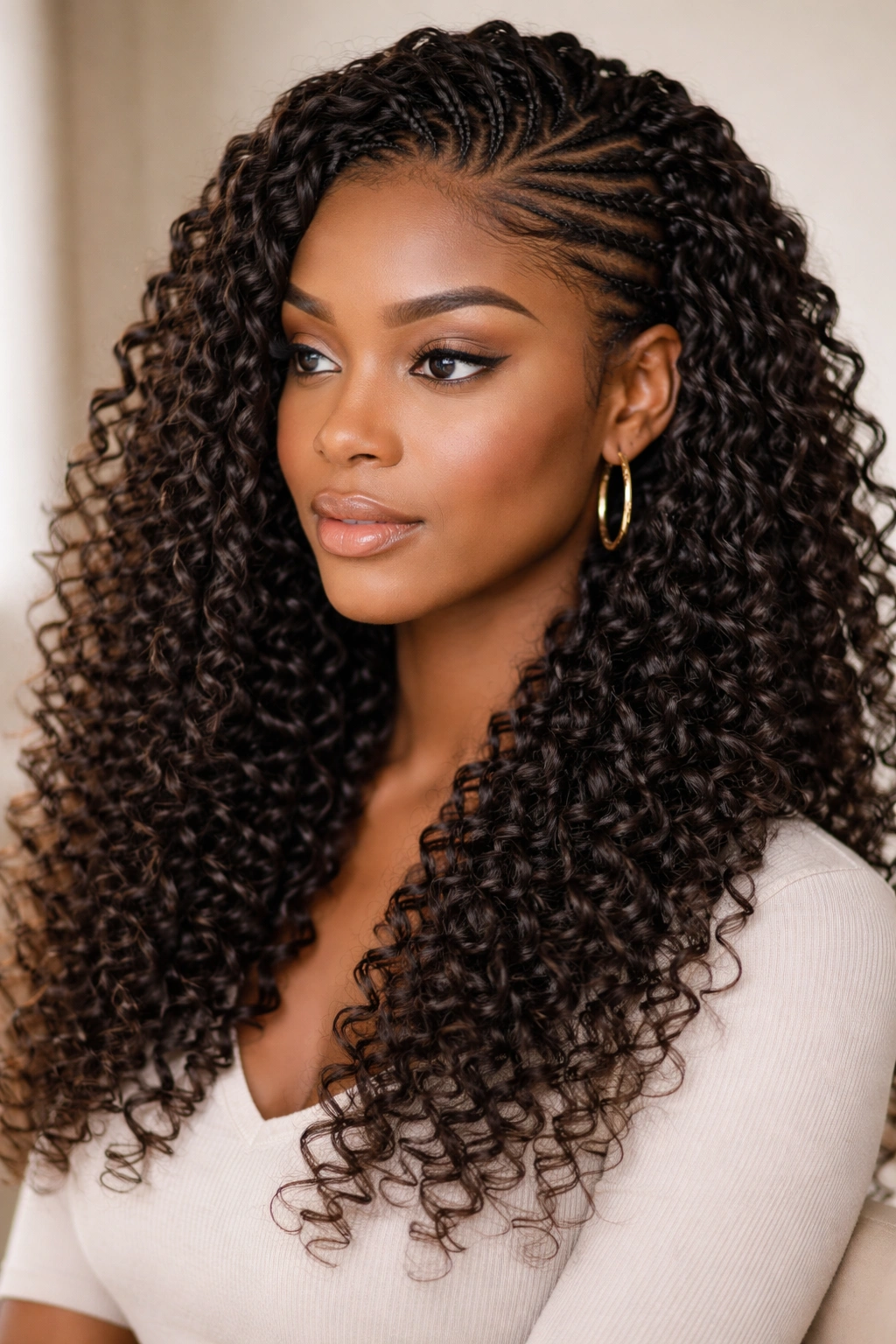Portrait of crochet braids with curly texture on a clean cornrow base