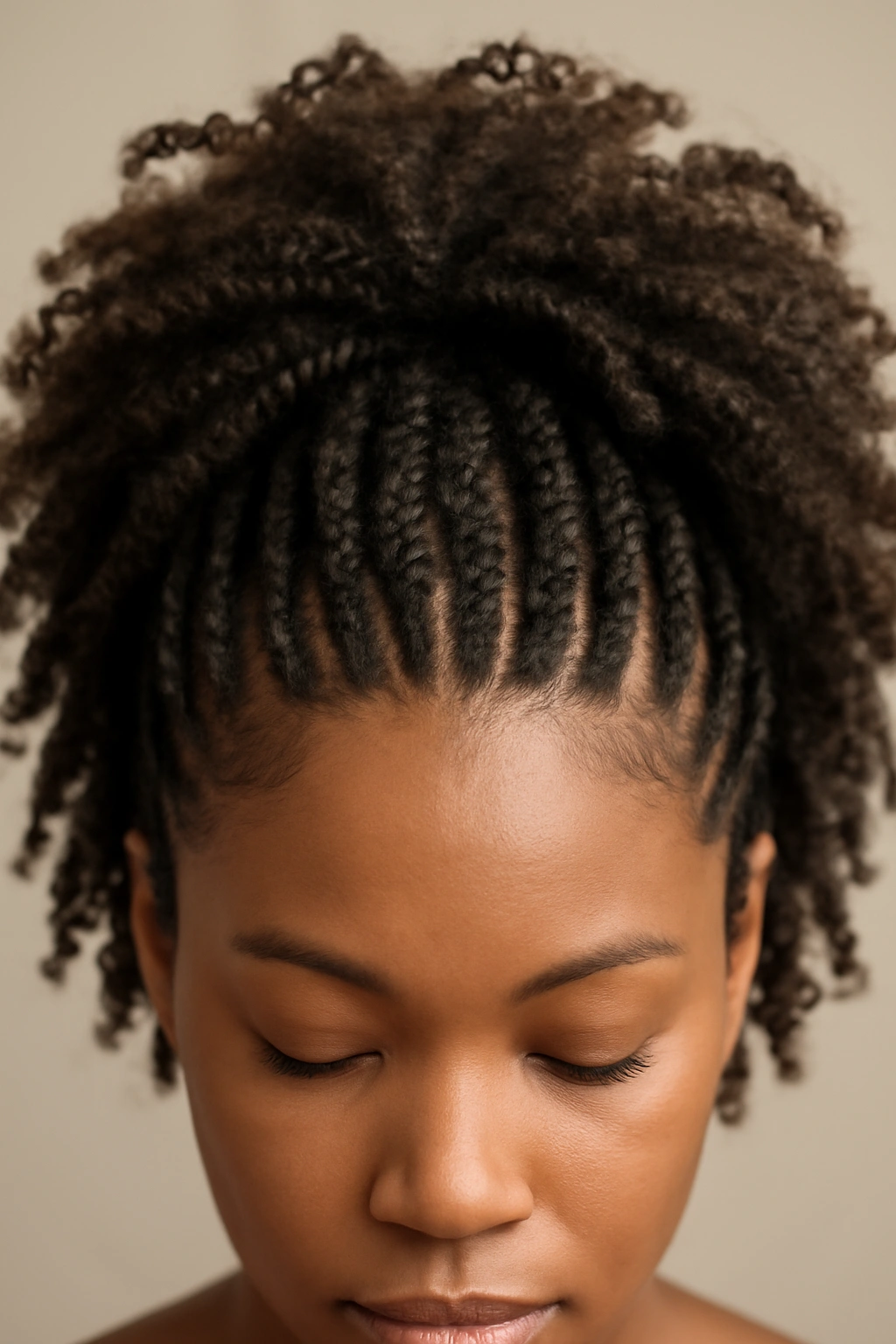 Close-up of crochet braids with extension hair through cornrows