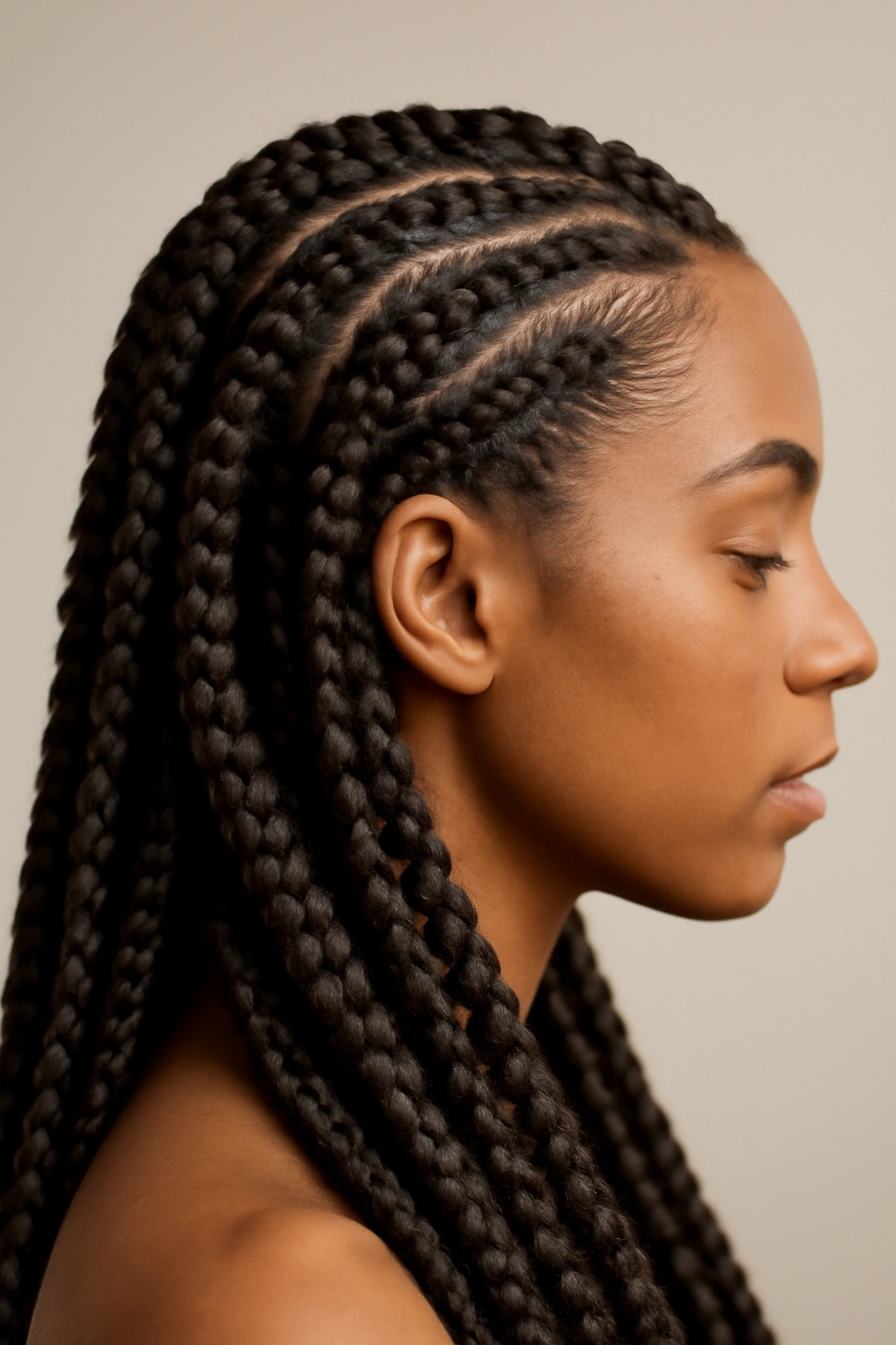 Side-angle close-up of crochet braids with cornrow base and hooked extensions.