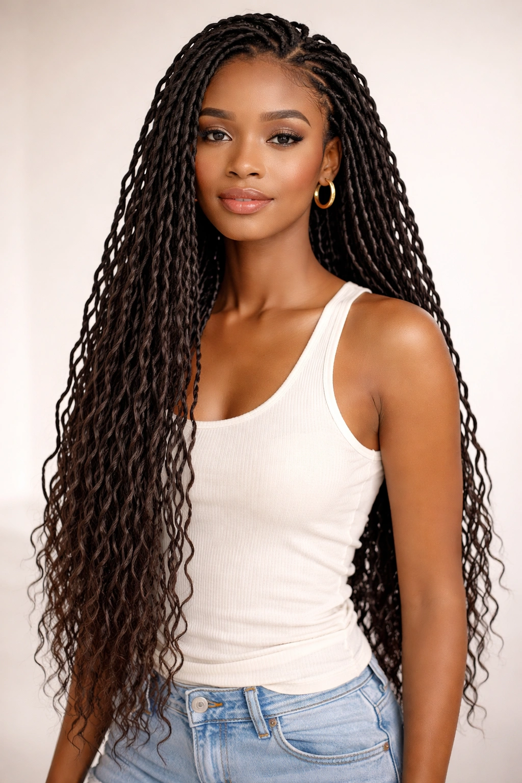Long crochet braids with airy openings and minimal density.