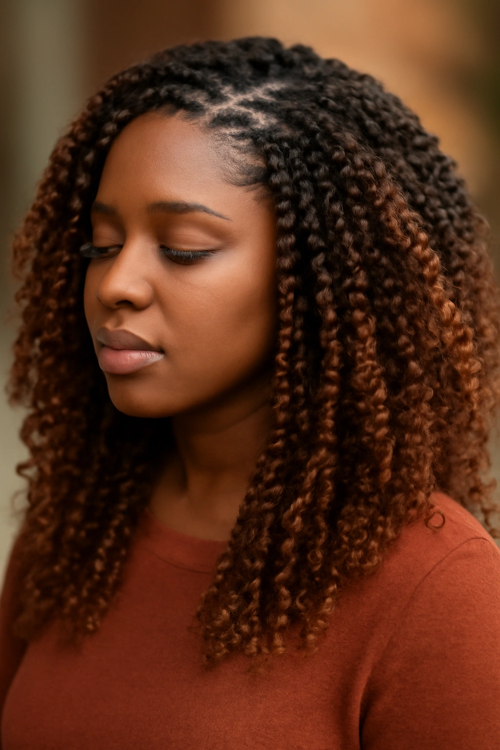 Crochet braids with curly textured extensions in fall tones.