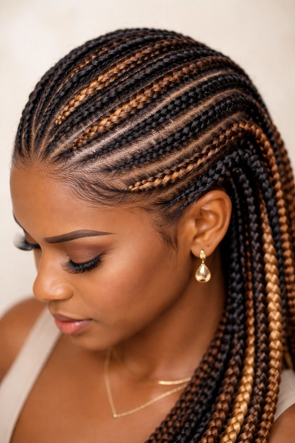 Crocheted cornrows with dimensional color along sculpted rows.