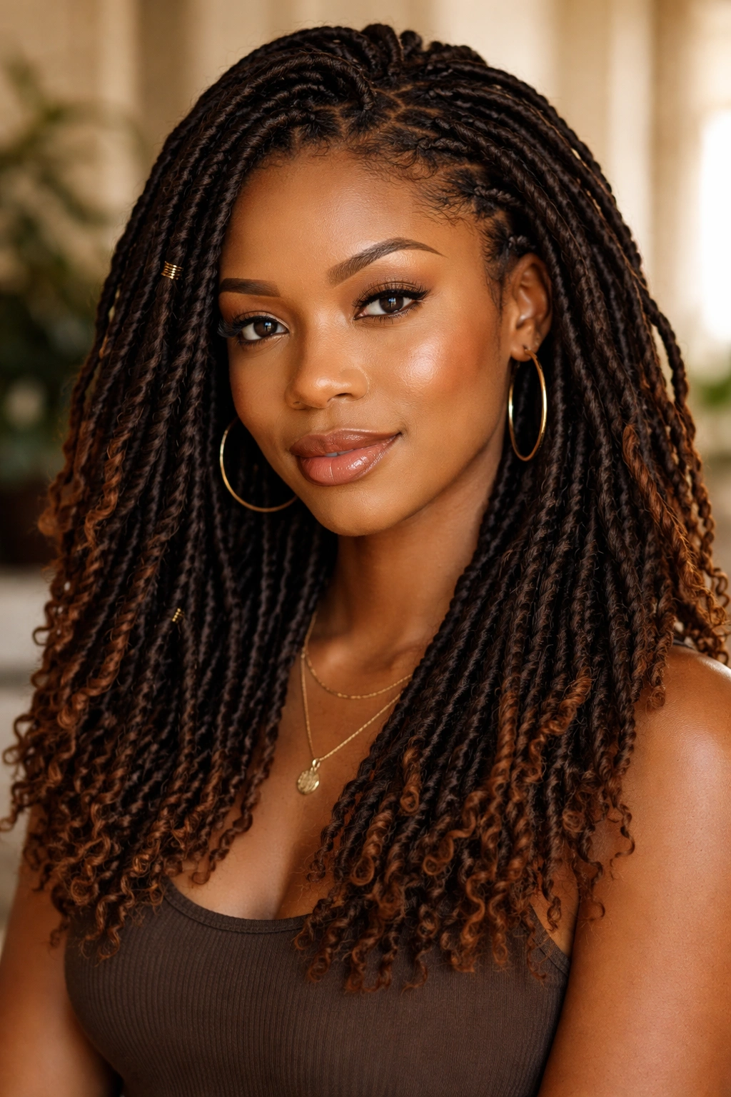 Mid-length crocheted faux locs with thickness and color variation