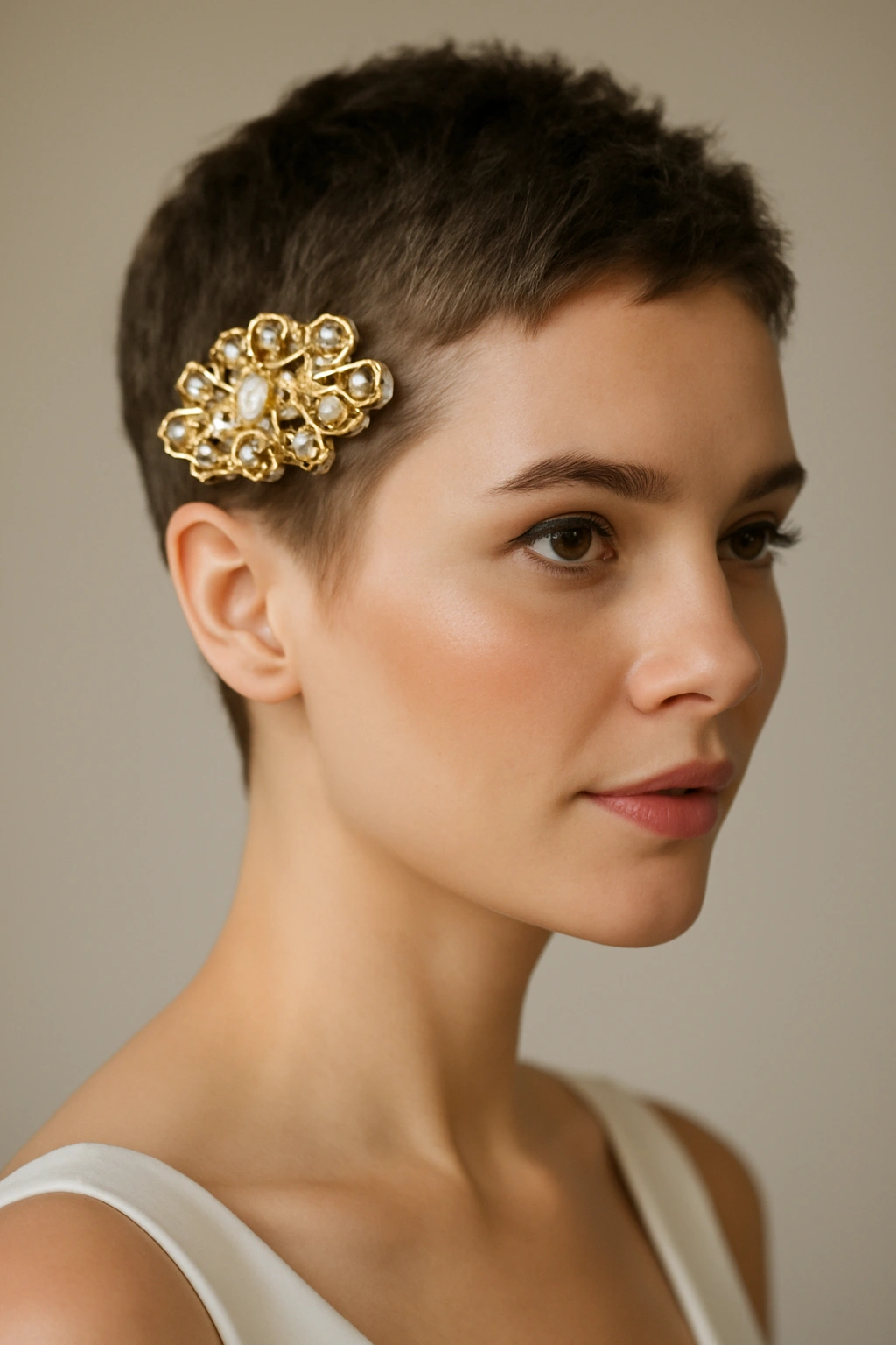 Very short crop with a bold statement barrette as focal point.