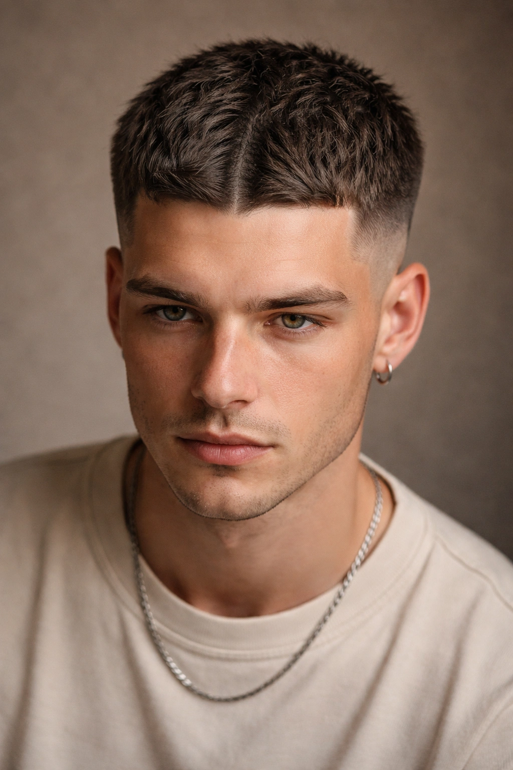 Close-up of cropped haircut with textured crown and center part