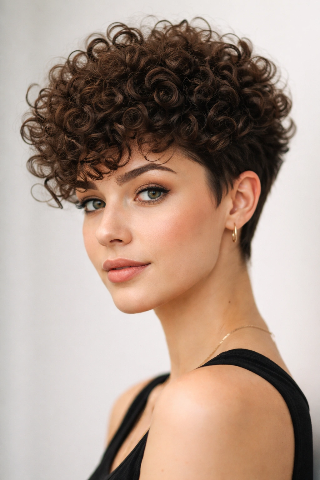 Close-up of cropped curls with a voluminous crown and short sides.