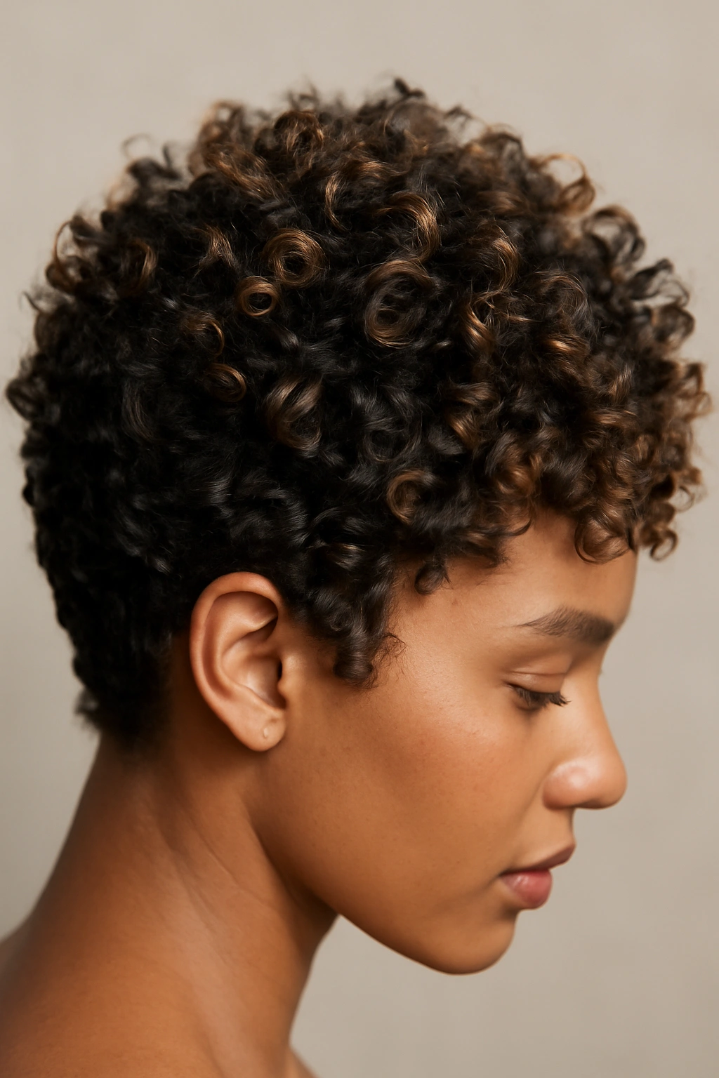 Close-up of cropped curls with caramel highlights showing texture and dimension