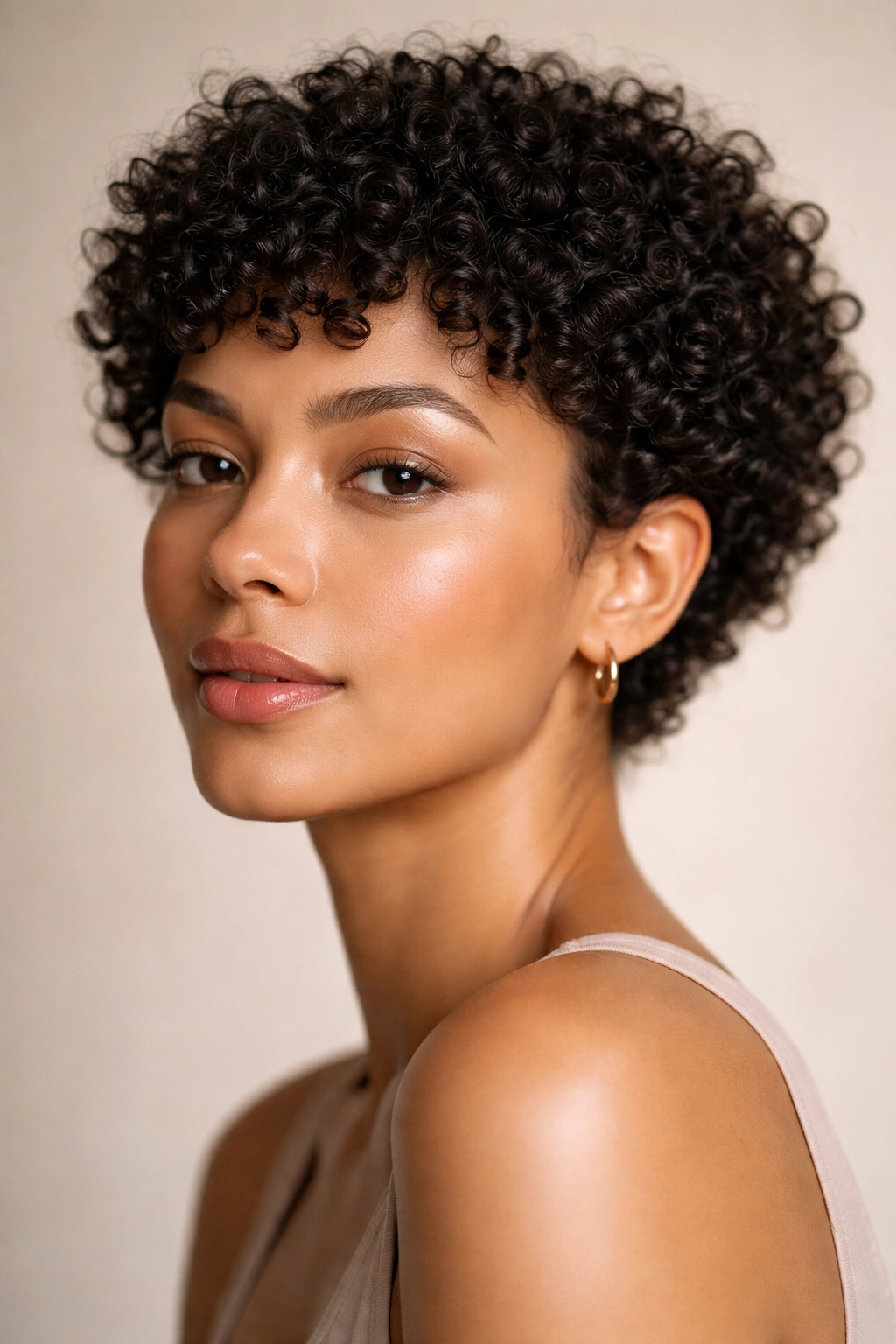 Close-up of a person with 1-2 inch cropped curls creating a halo of texture