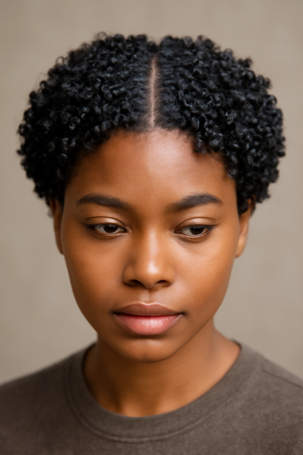 Cropped curls with a defined center part showing tight, uniform texture