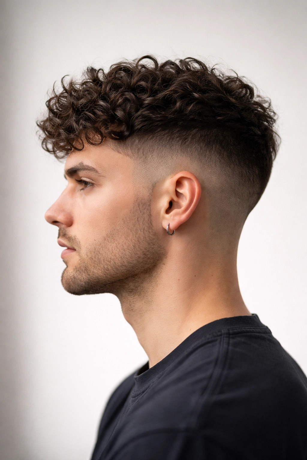 Profile view of a cropped curly top with a disconnected undercut showing bold contrast