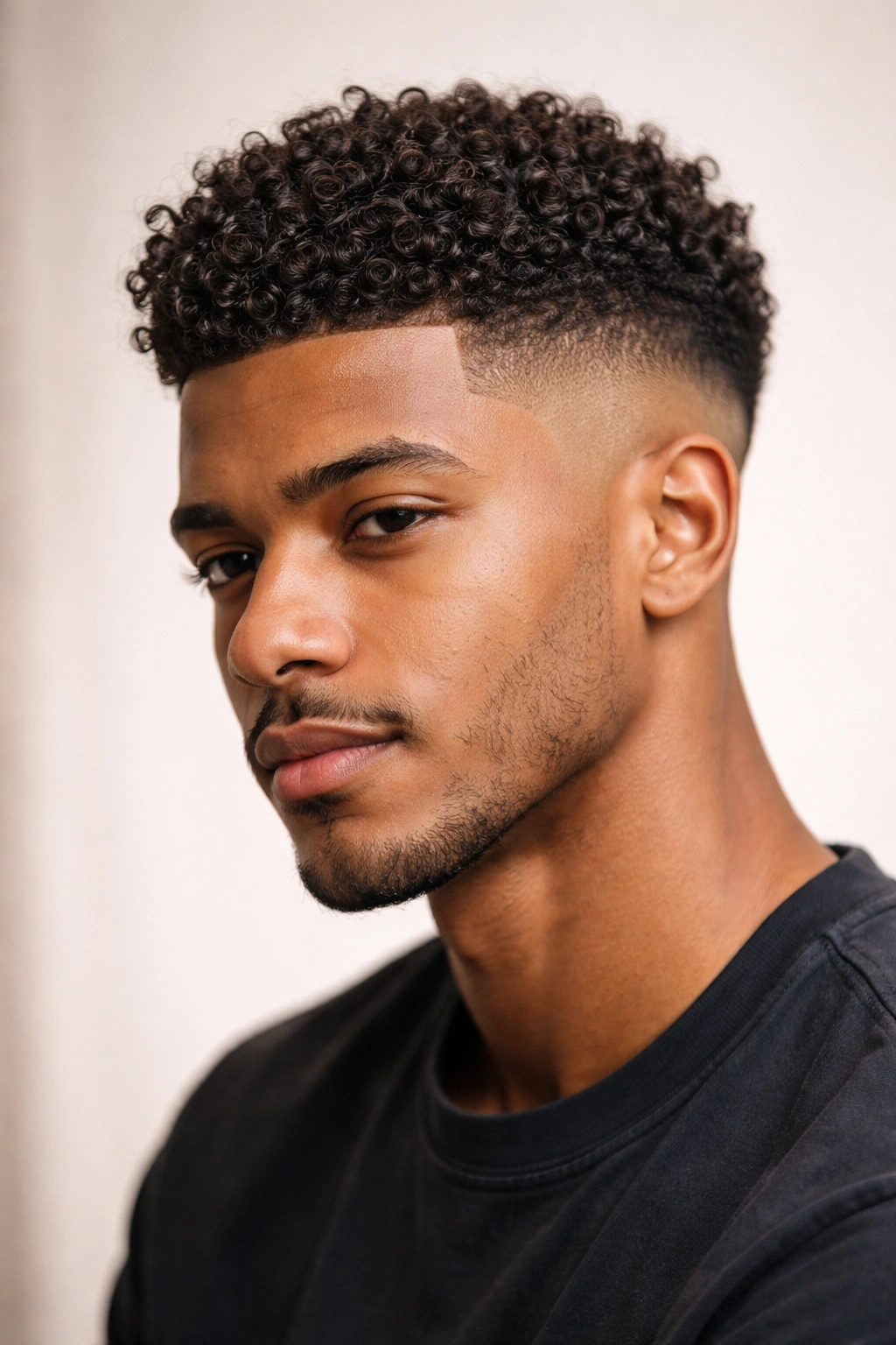 Side profile of a cropped fade with textured curly top