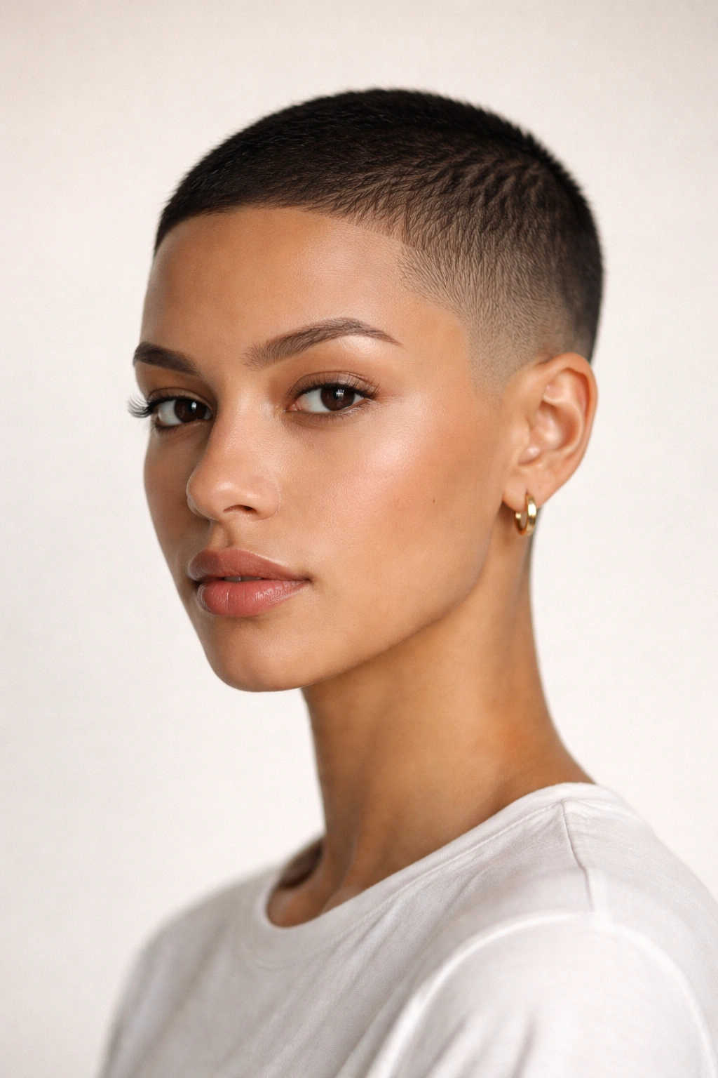 Close-up of a model with a cropped fade showing crisp, short sides and neat fade