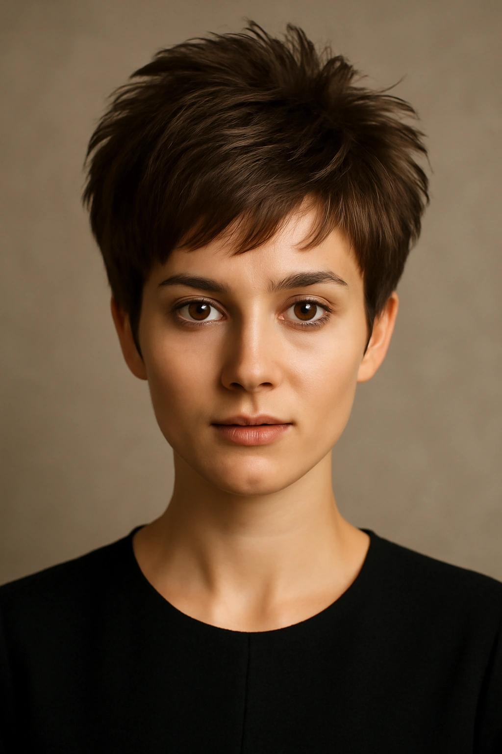 Cropped layered short hairstyle with volume at the crown