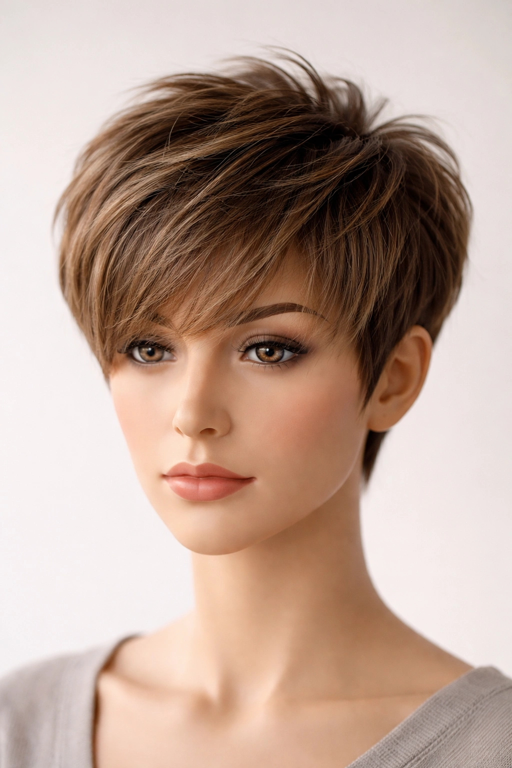 Mannequin head showing cropped layered hairstyle with height at crown and short layers framing the face.