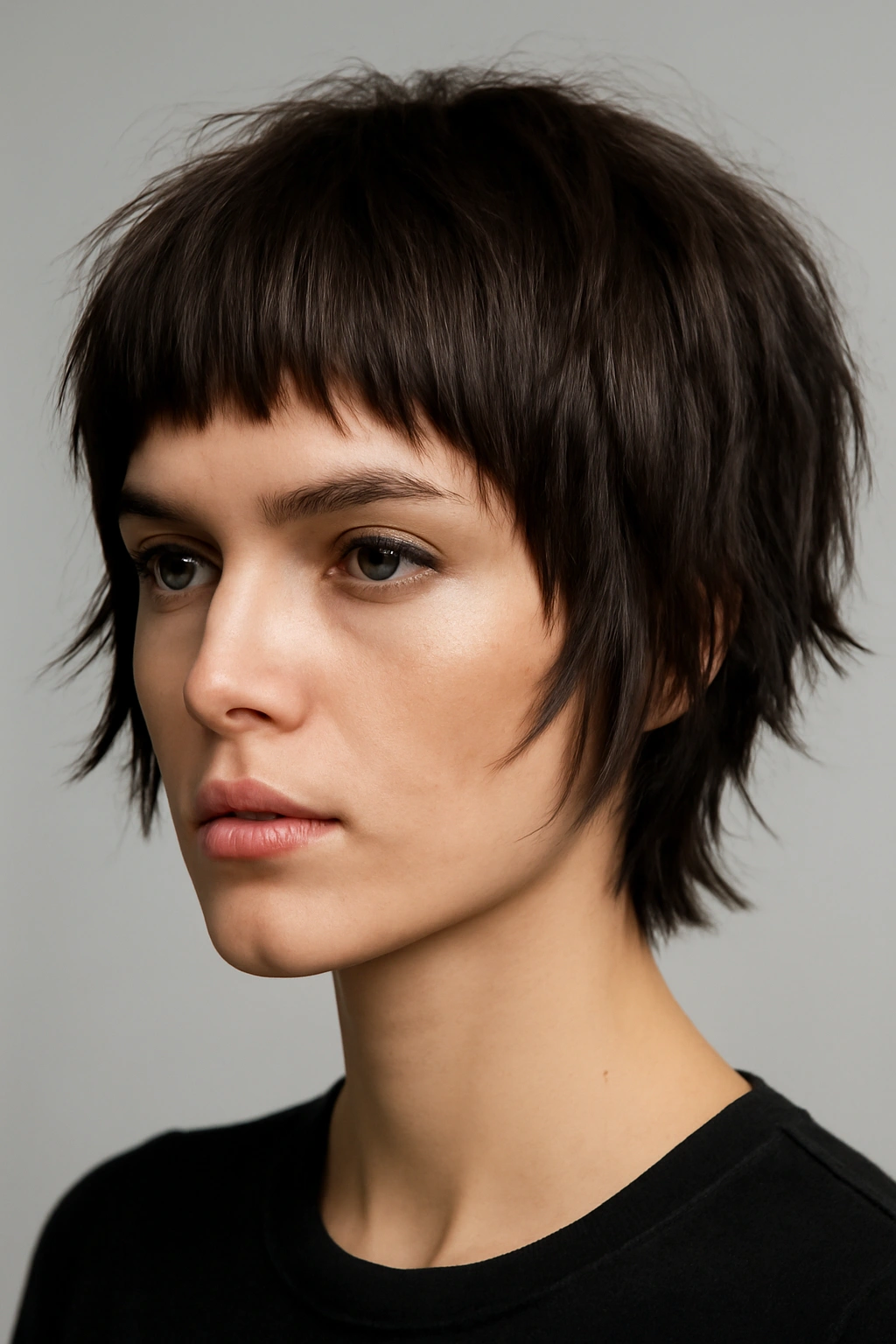 Cropped layered cut with micro bangs in a bold editorial style