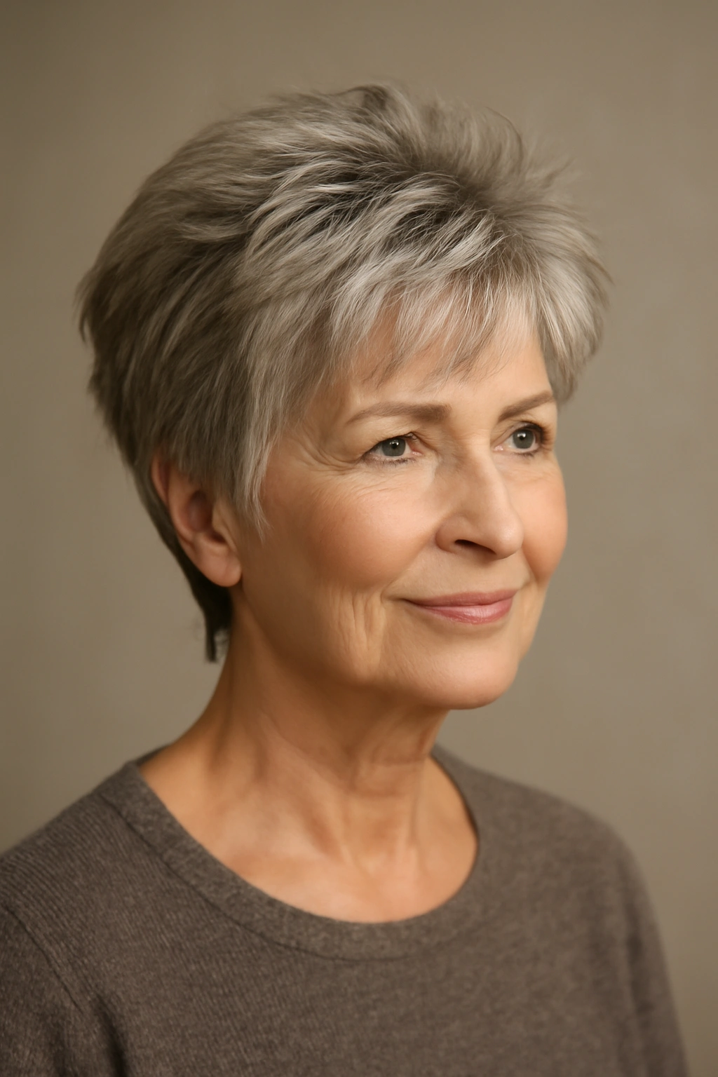 Close-up of an older woman with cropped layered hairstyle creating volume at the crown