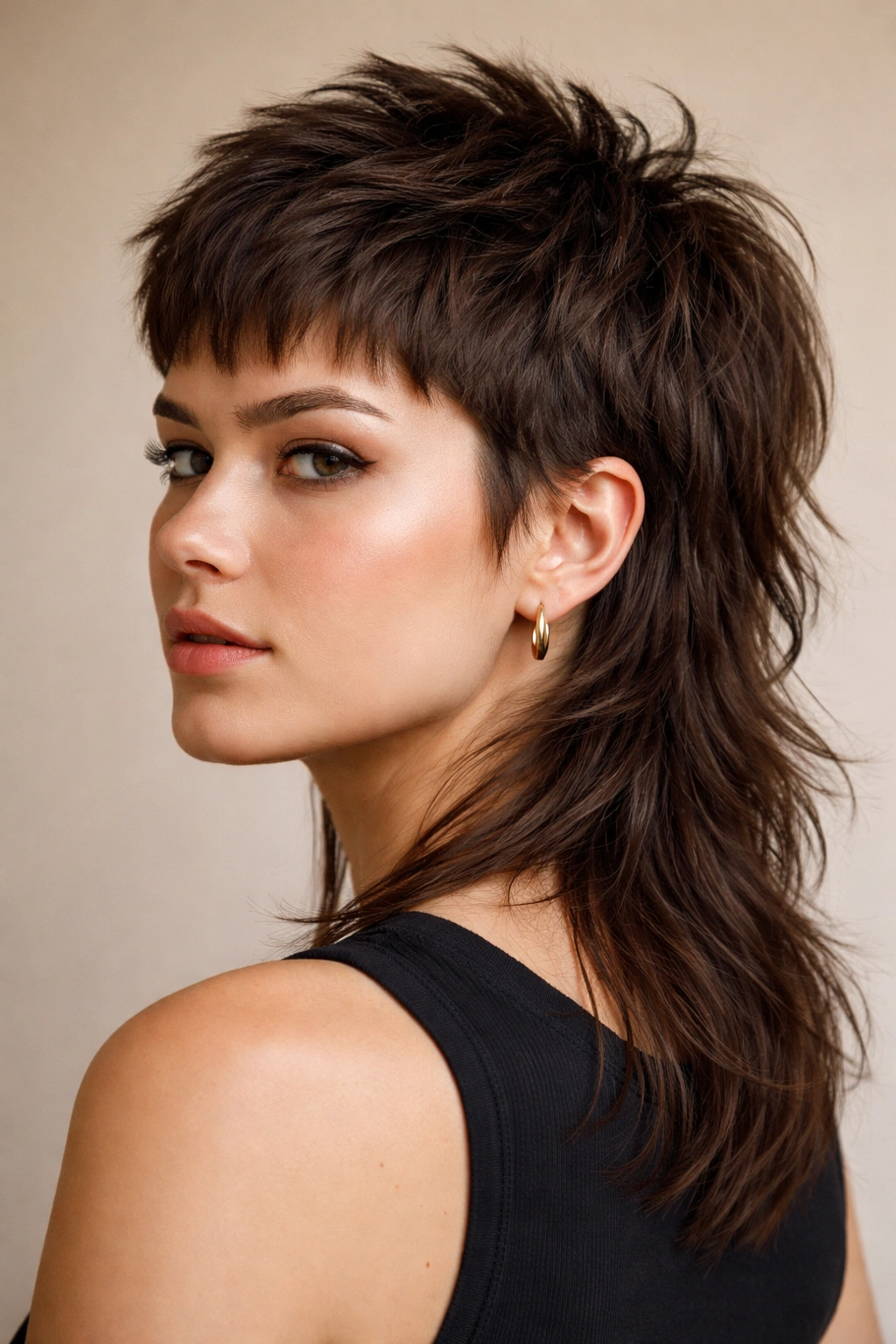 Cropped mullet hairstyle with very short front and long textured back on thick hair.