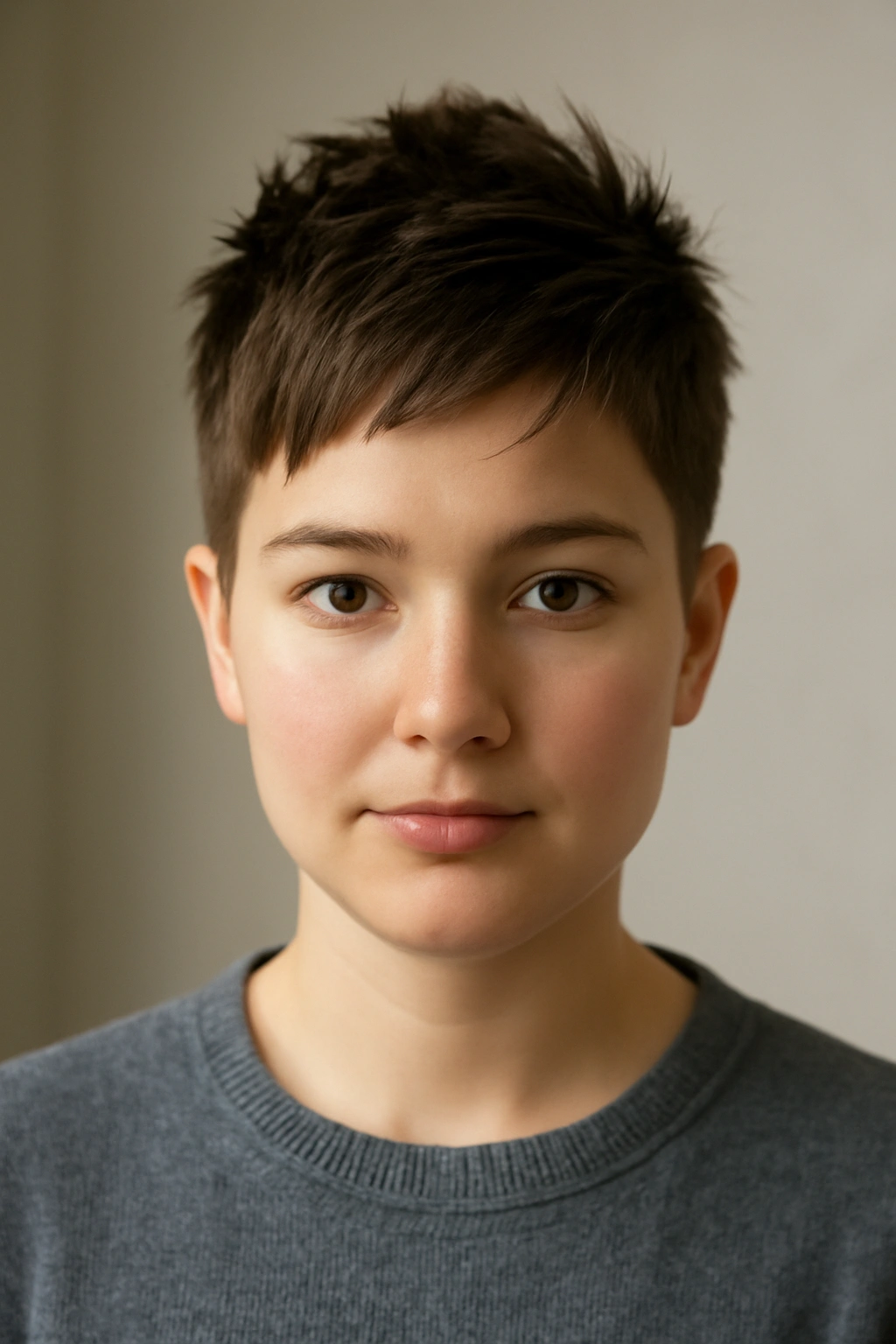 Cropped pixie on round-face model with high crown height