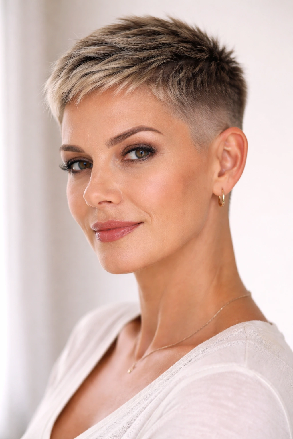 Close-up of cropped pixie with skin fade on sides and very short top