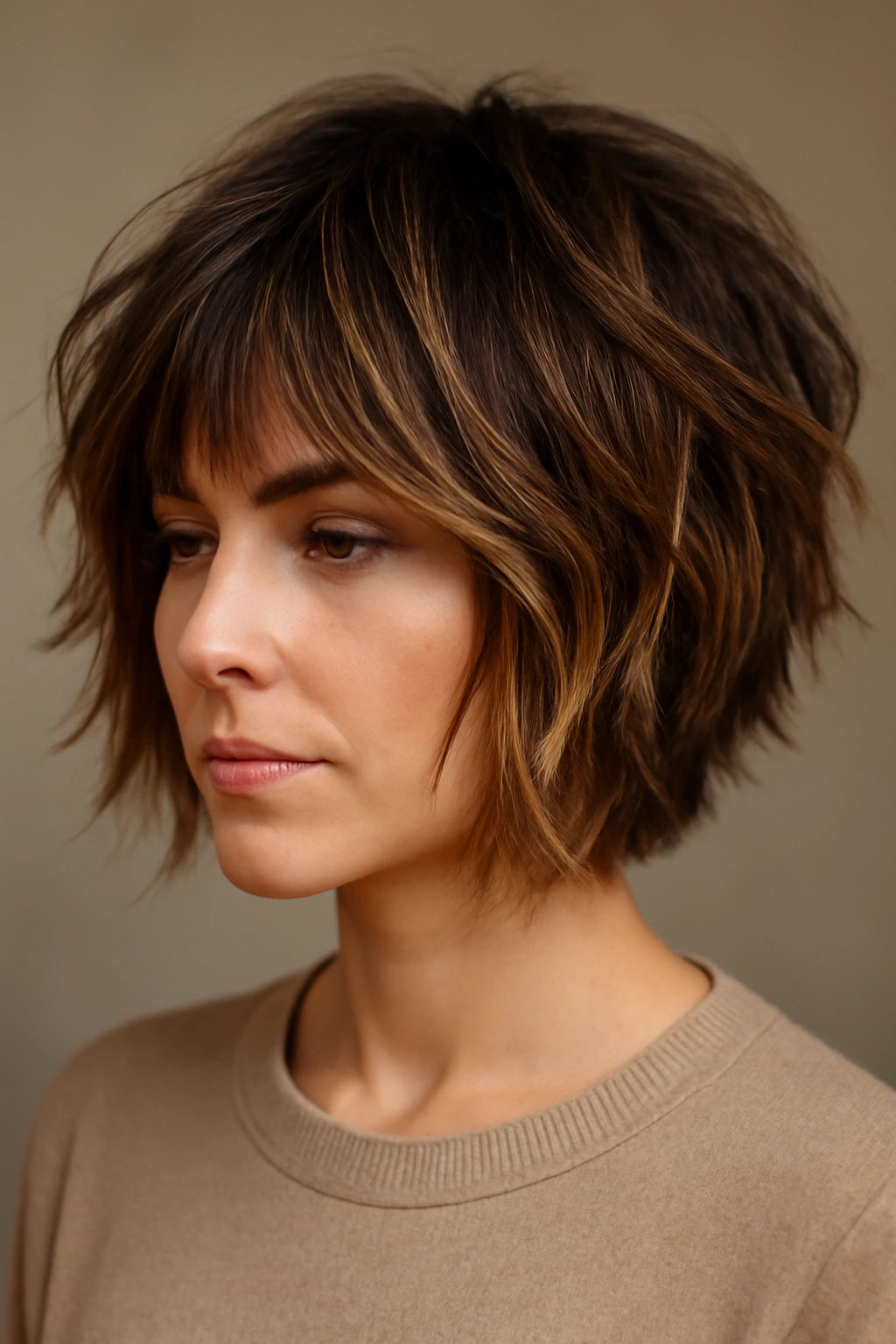 Close-up of cropped shag with layered caramel highlights and dark roots.