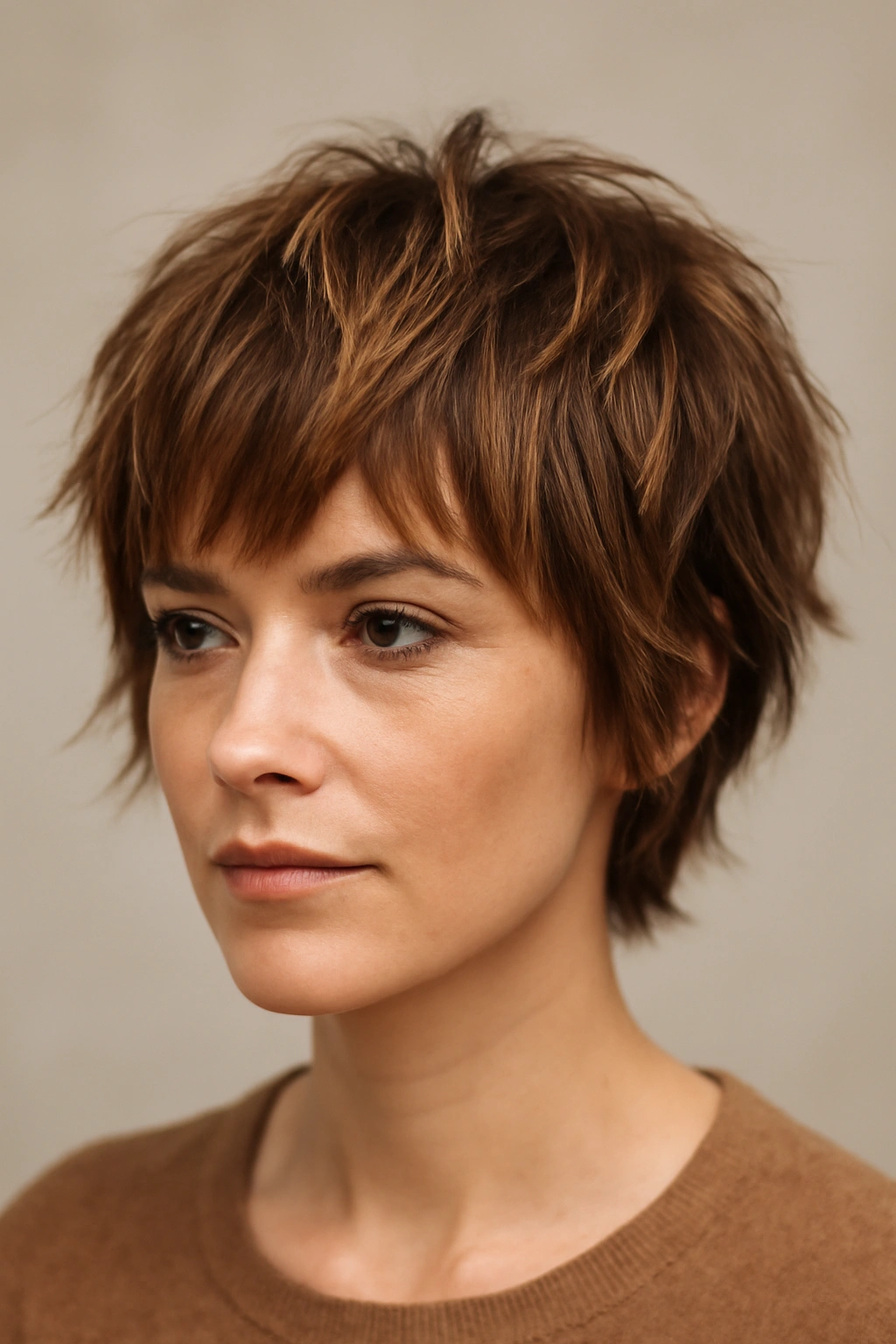 Cropped shag with sun-kissed highlights in warm tones