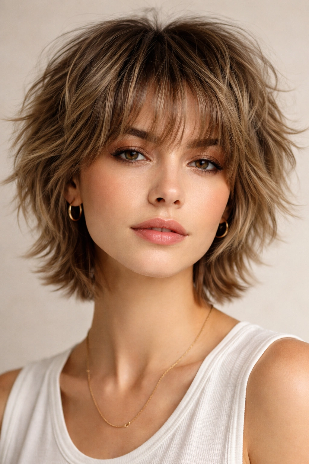 Cropped shag with feathered layers around ear-length for texture and movement.