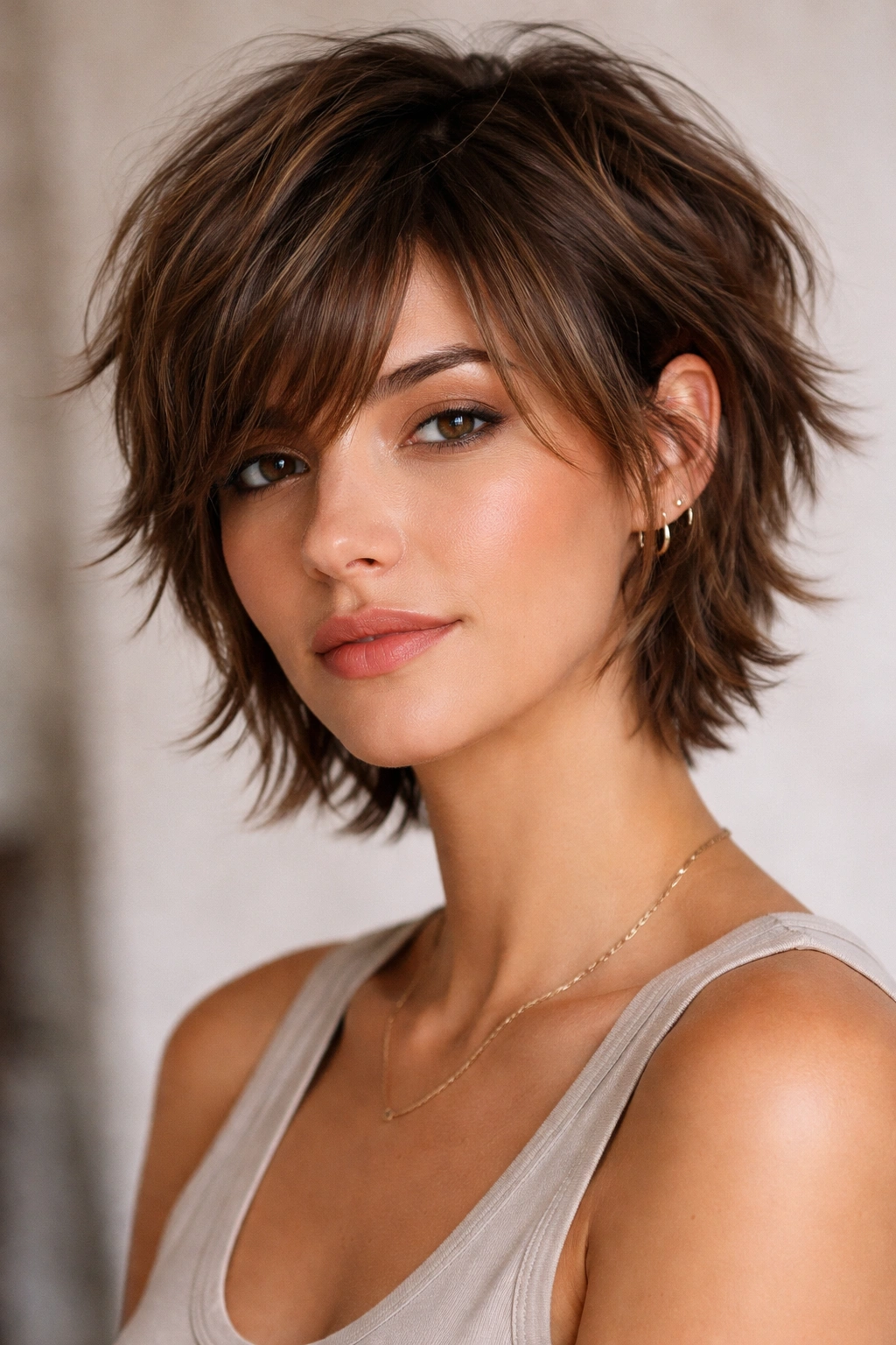 Short cropped shag with textured side fringe grazing the cheekbone