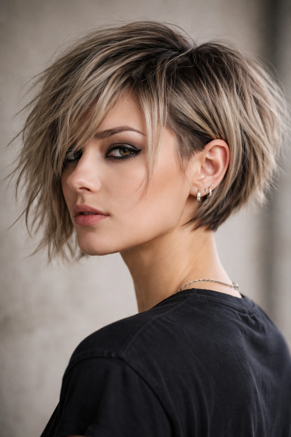 Jawline-length textured bob with an undercut showing choppy layers