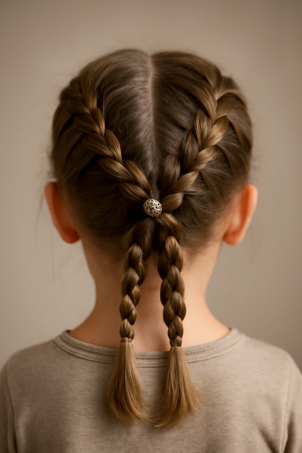 Two Dutch braids crossing at the back of the head