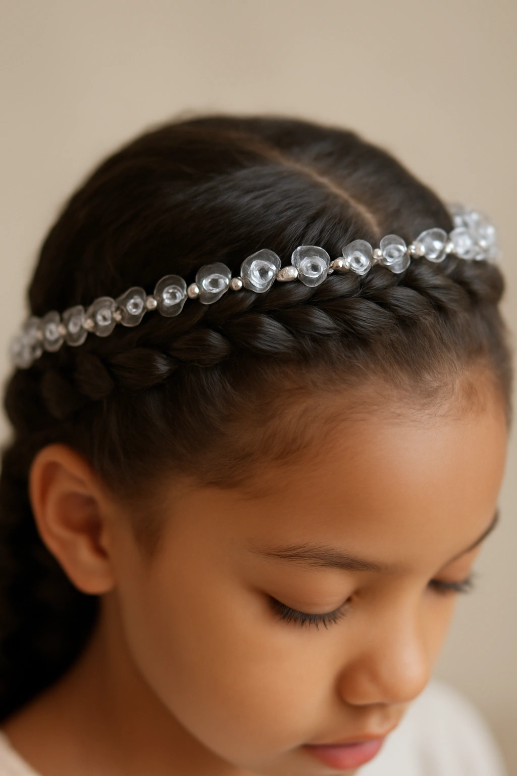 Close-up of crown braid around the hairline with beads.
