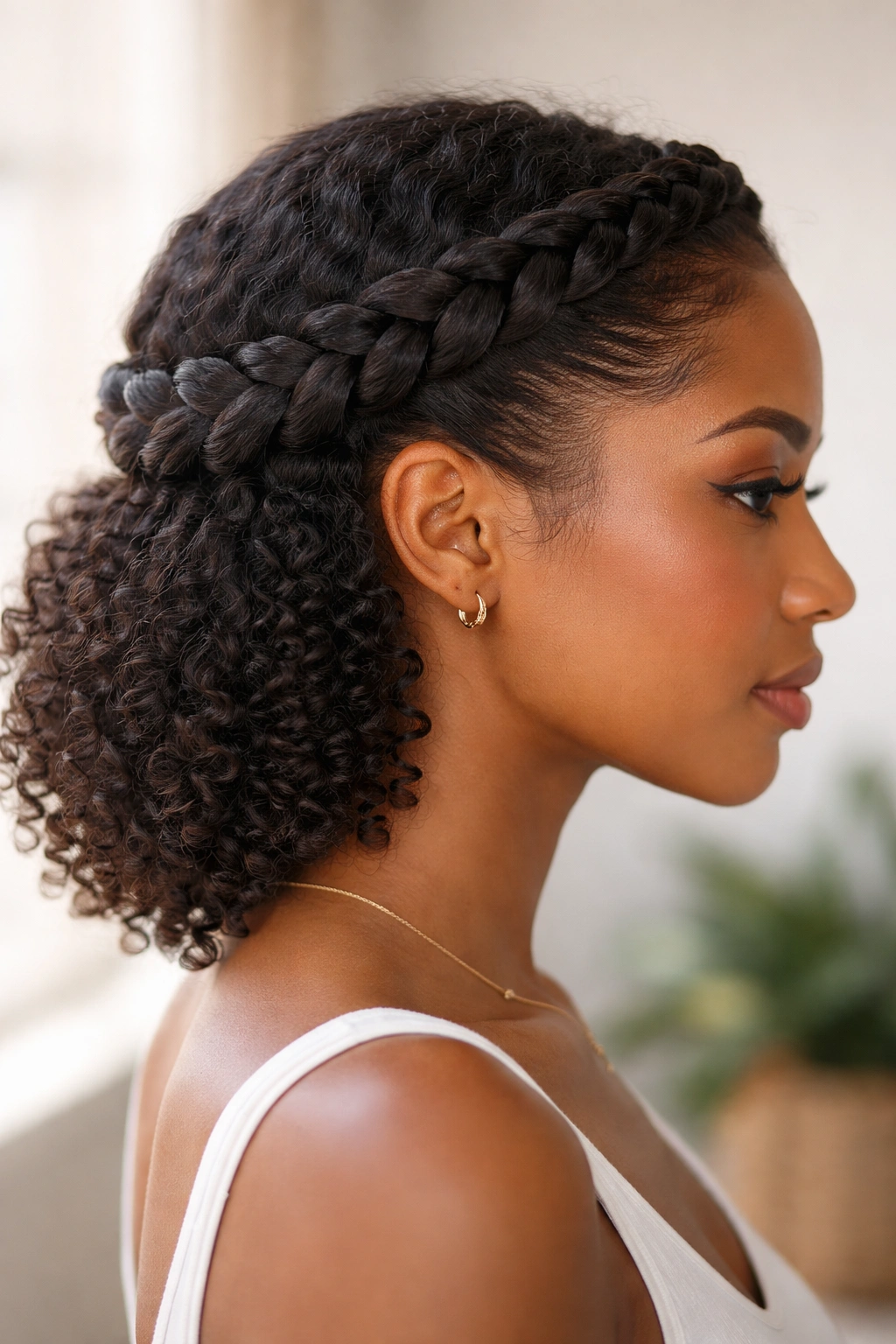 Crown braid around head with curls at back