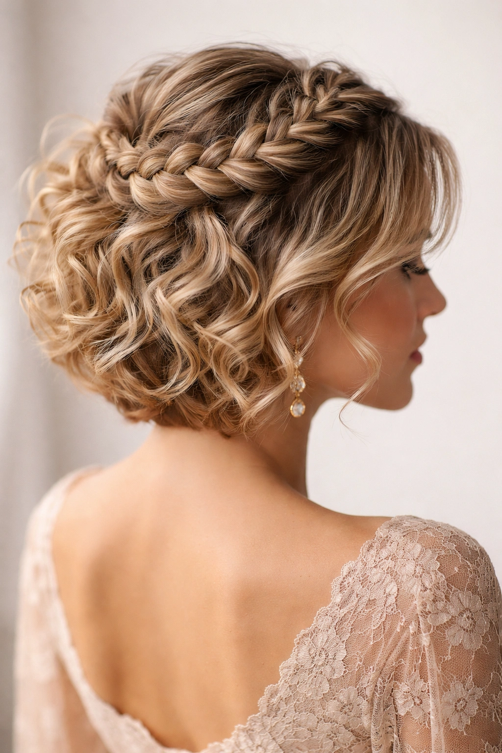 Crown braid with loose curls forming a circular headband