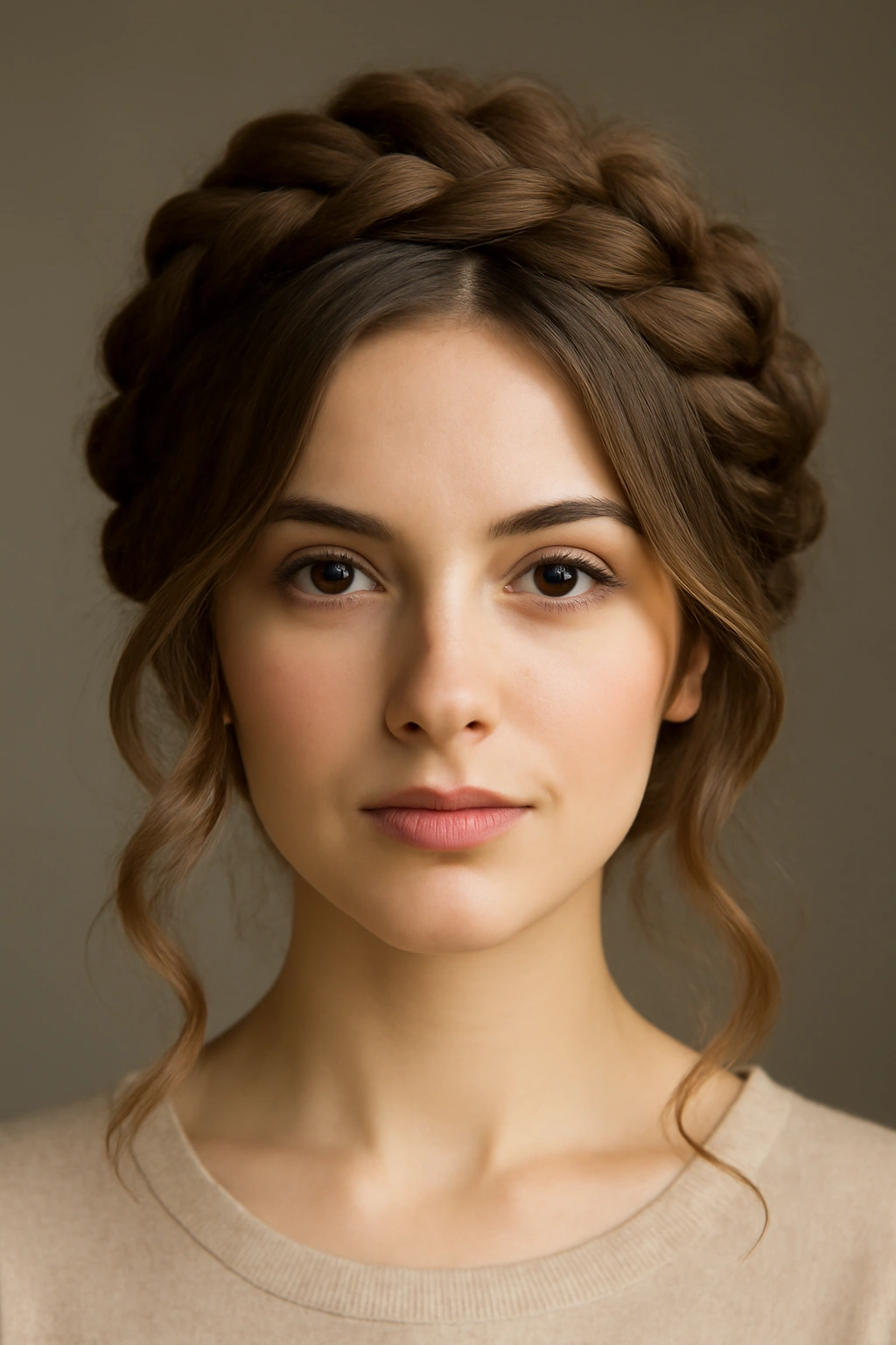Voluminous crown braid with face-framing pieces