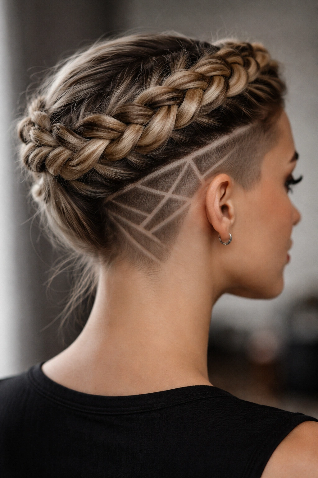 Halo-like crown braid with a geometric undercut design