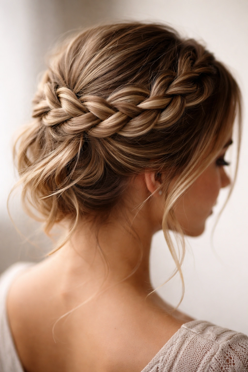 Close-up of a crown braid across the crown with textured hair in a studio setting.