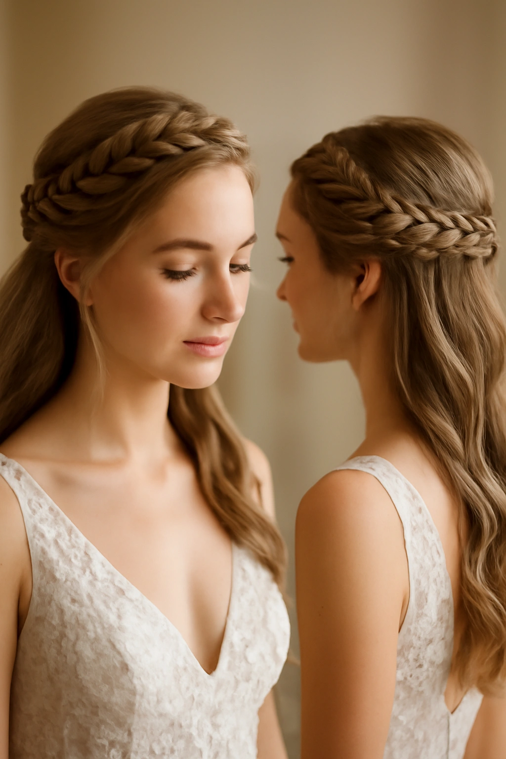 Bride wearing a crown braid along the crown with loose hair below.